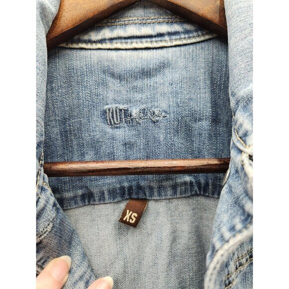Kut From The Kloth Womens XS Distressed Denim Jacket With Button Front & Pockets - Picture 2 of 6